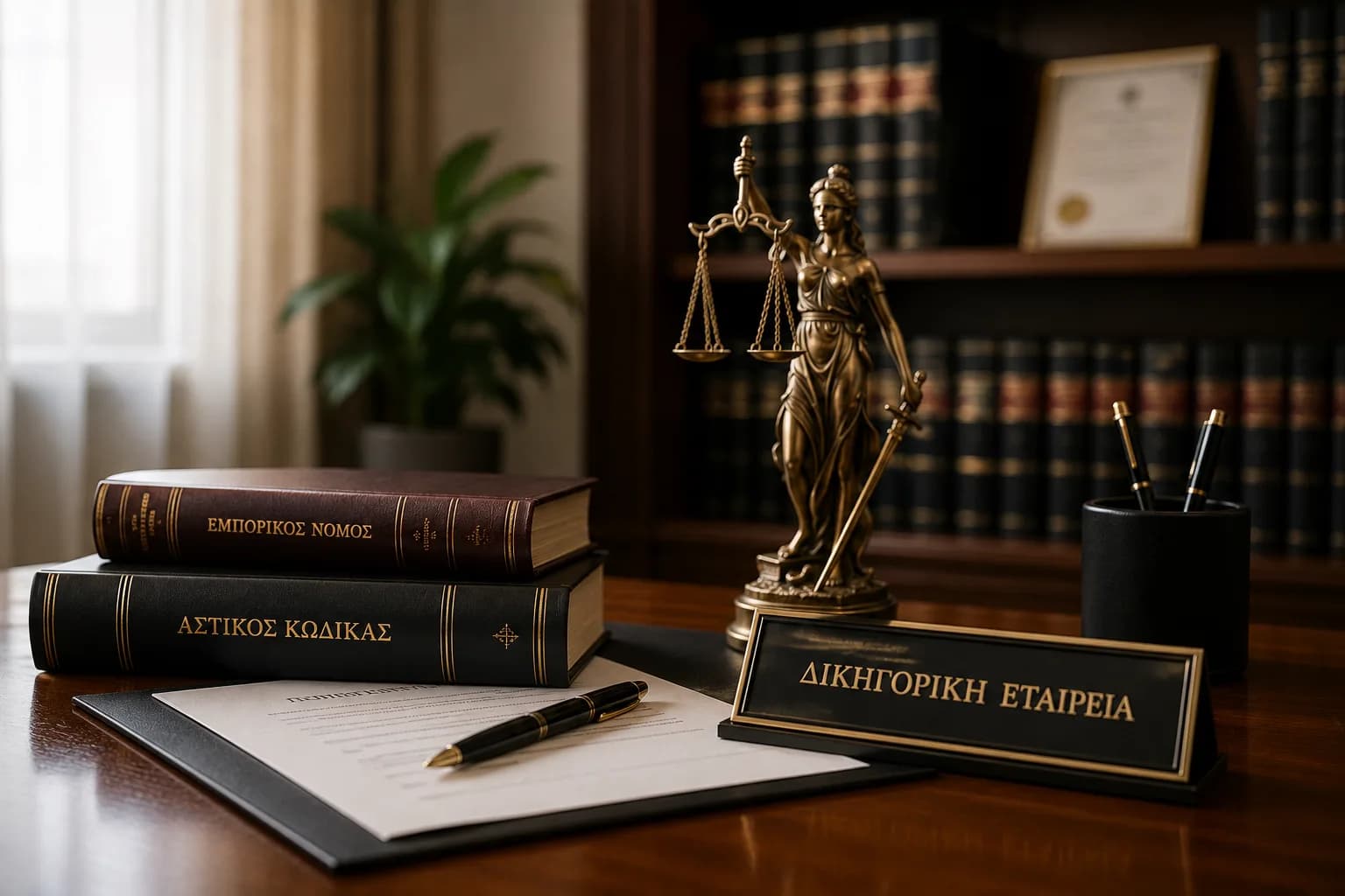 Το άγαλμα της Θέμιδας, νομικοί κώδικες και η πλακέτα «Δικηγορική Εταιρεία» στο γραφείο